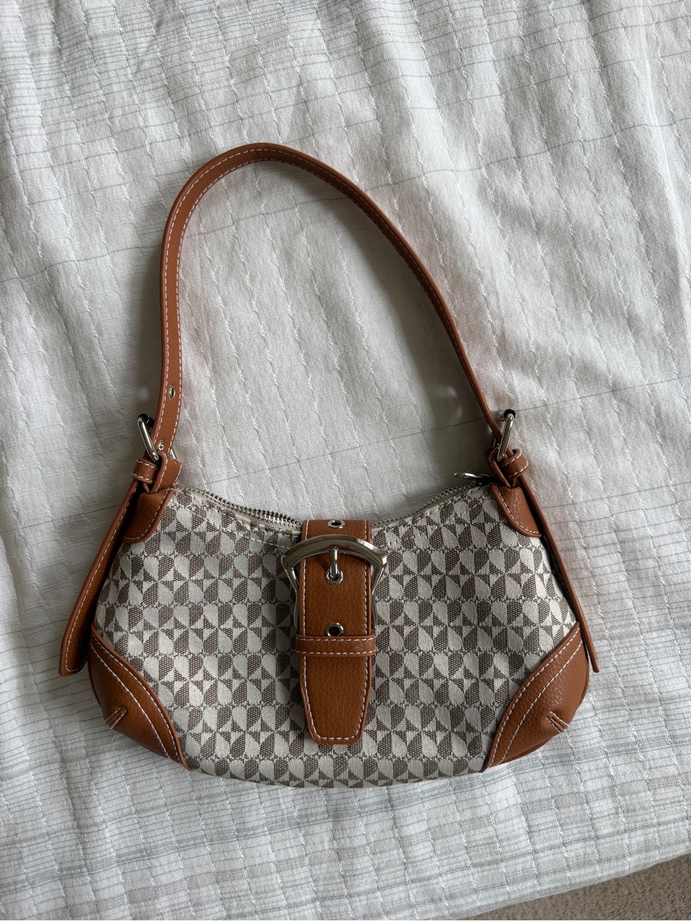 Taupe and Cream Patterned Shoulder Bag with Buckle Accent